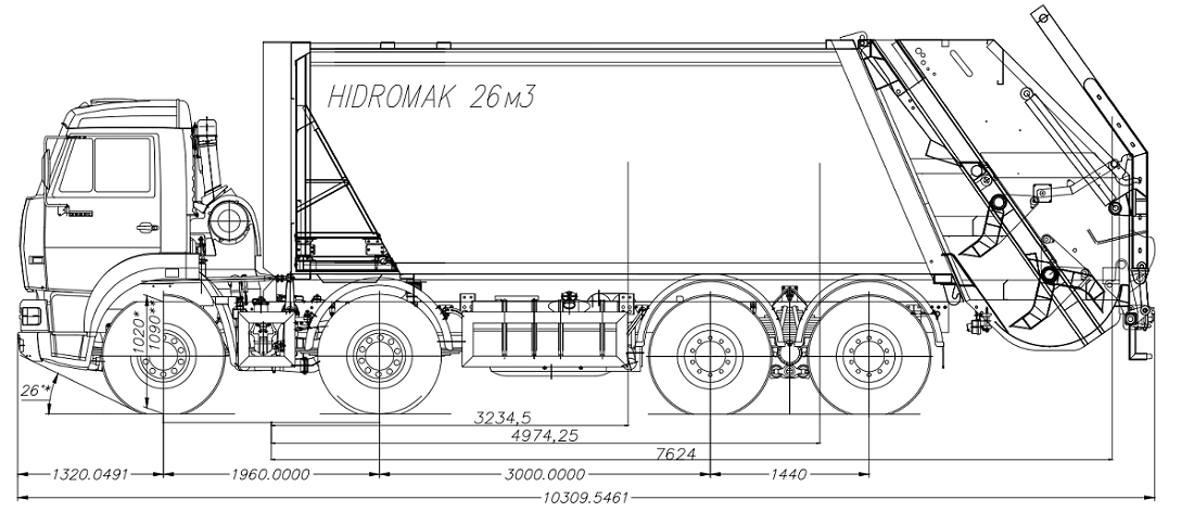 Мусоровоз объемом 26 куб.м. на шасси Камаз 65201